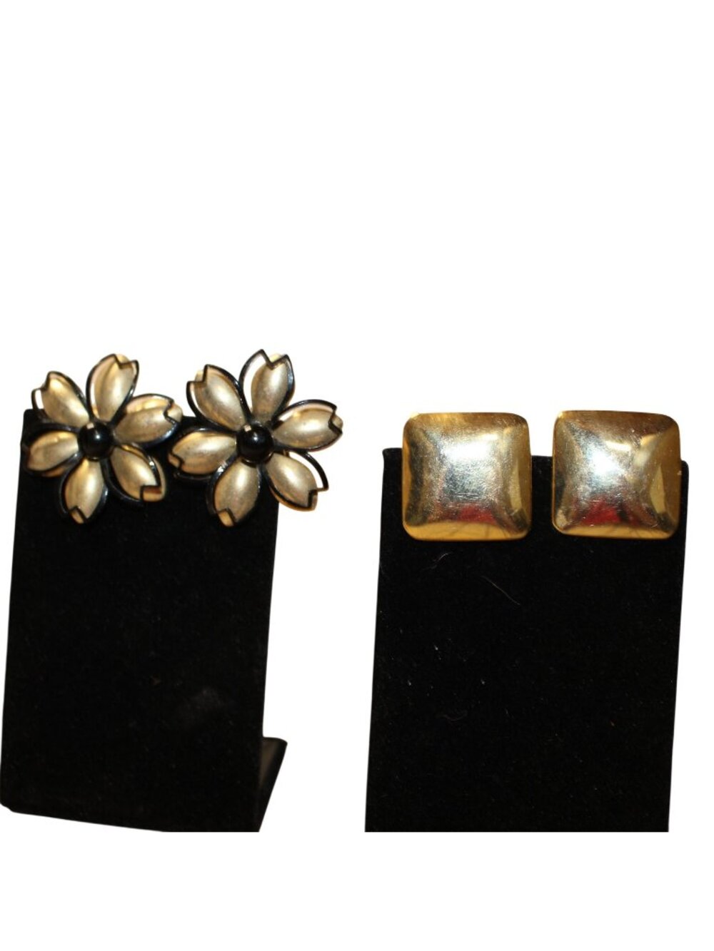 Lot of 2 Vintage Clip On Earrings Gold Black Flower & Square Dome Geometric
